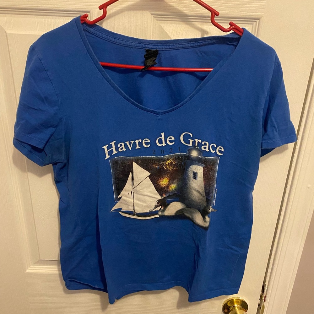 Women’s short sleeve t Havre De Grace Maryland festival 2021 size L blue Gildan